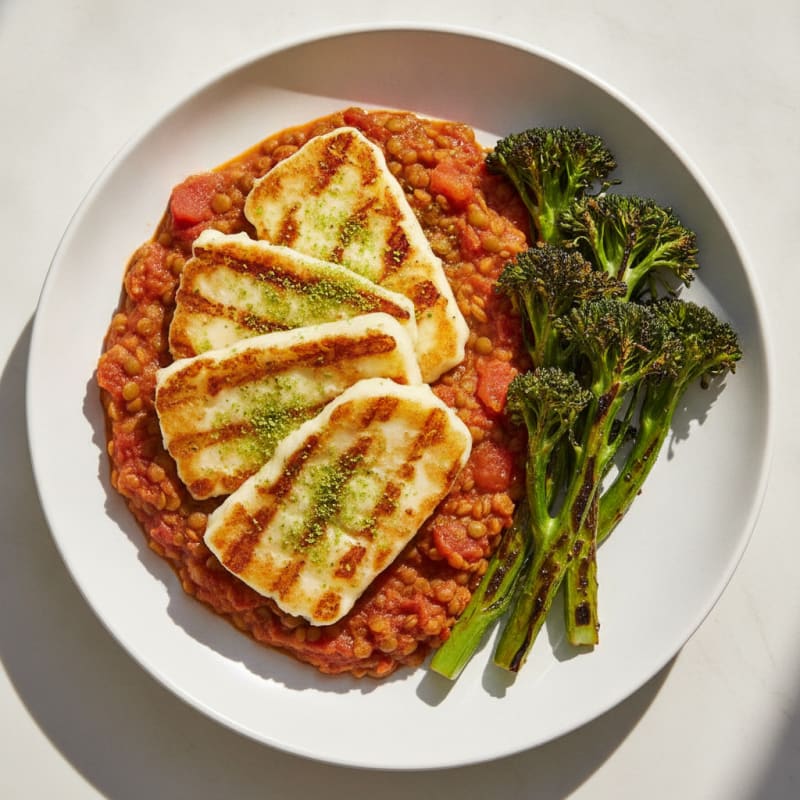 Herb-Grilled Halloumi with Lentil-Tomato Stew and Charred Broccolini