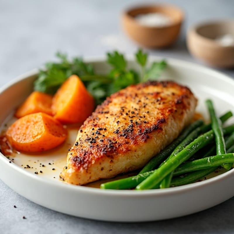 Crispy Baked Chicken Breast with Roasted Sweet Potatoes and Green Beans
