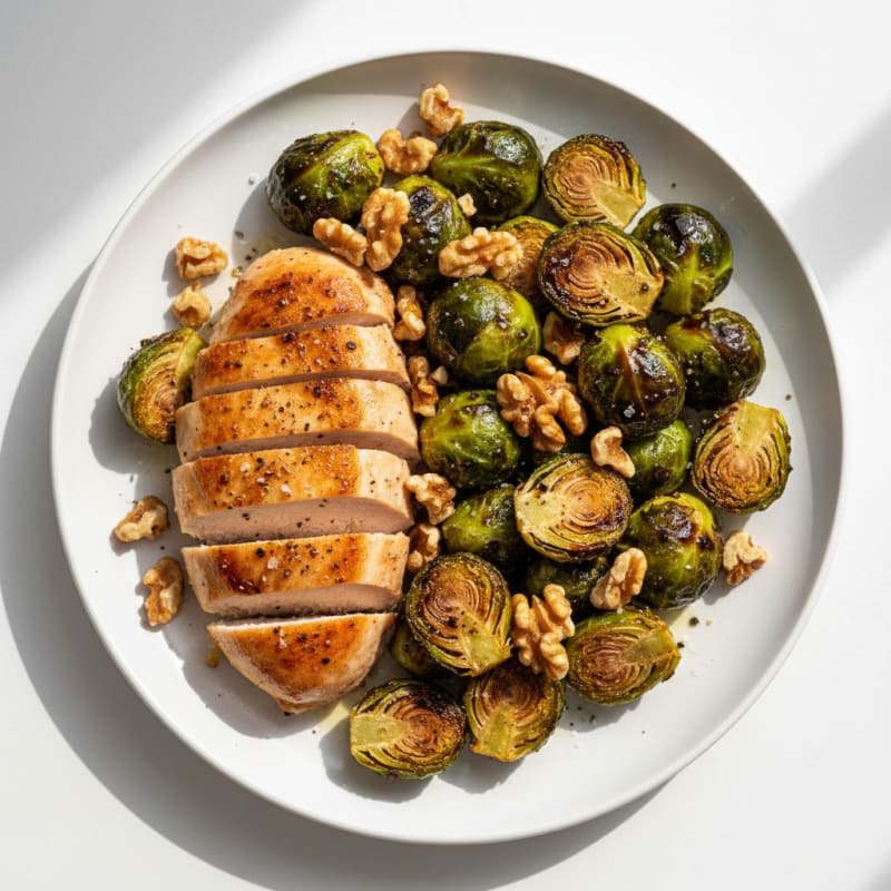 Balsamic-Glazed Brussels Sprouts with Toasted Walnuts and Chicken