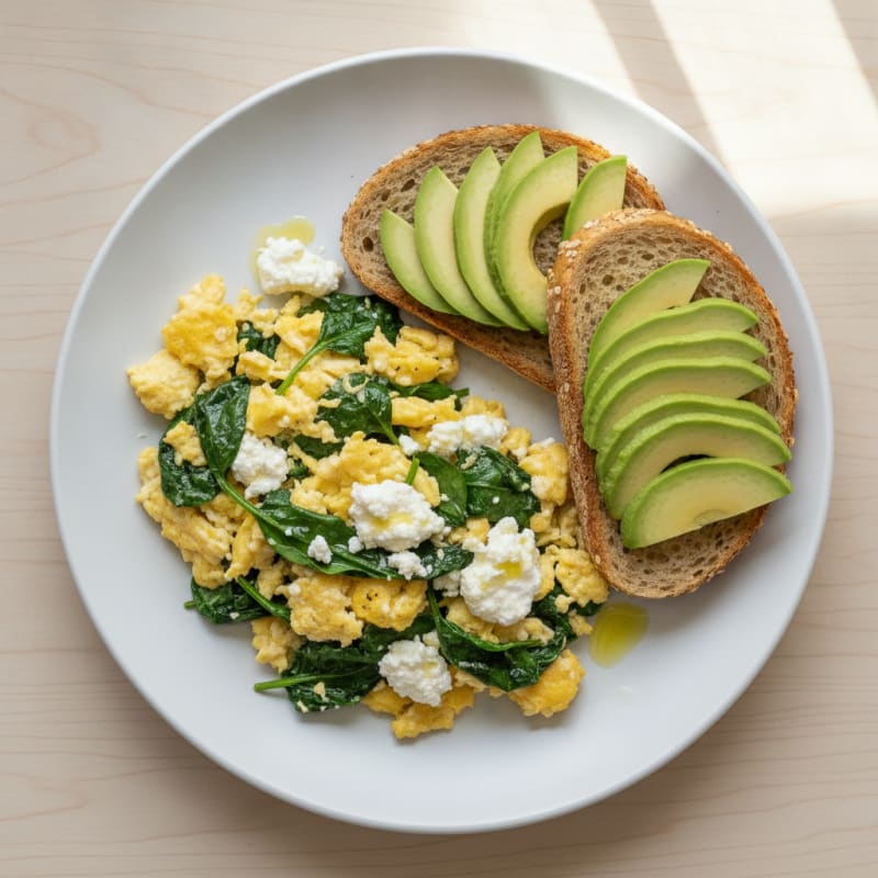 Scrambled Eggs with Cottage Cheese and Sautéed Spinach
