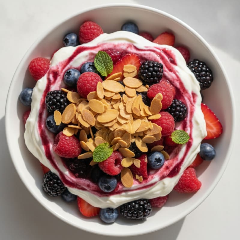 Greek Yogurt Protein Parfait with Mixed Berries and Almonds