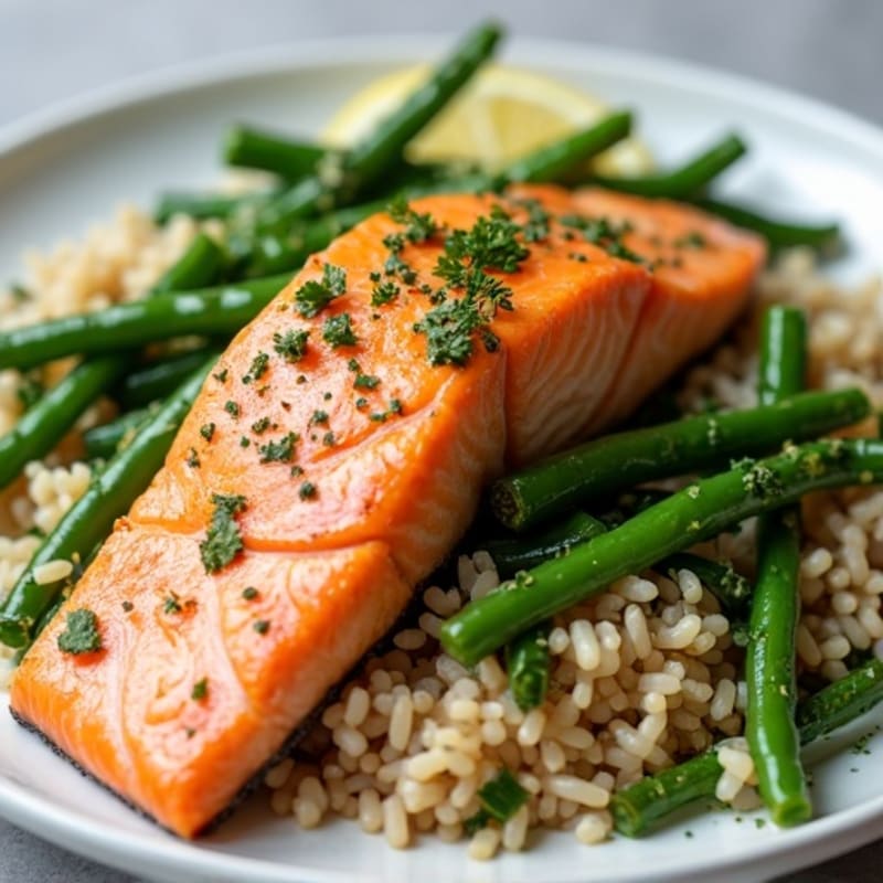 Seared Salmon with Steamed Green Beans and Herb Rice