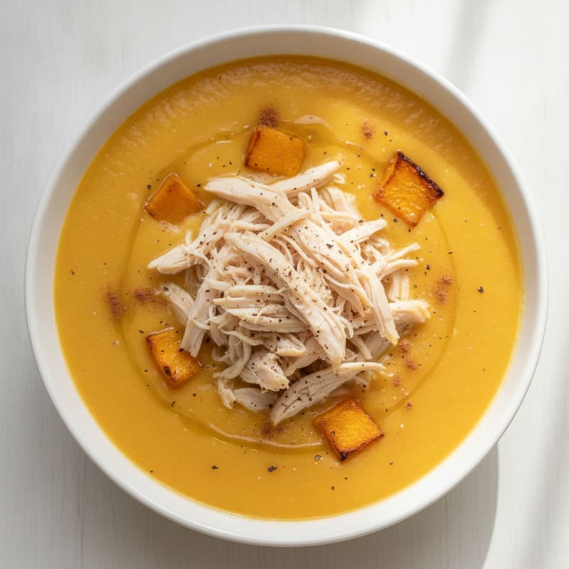 Roasted Butternut Squash and Apple Soup with Shredded Chicken