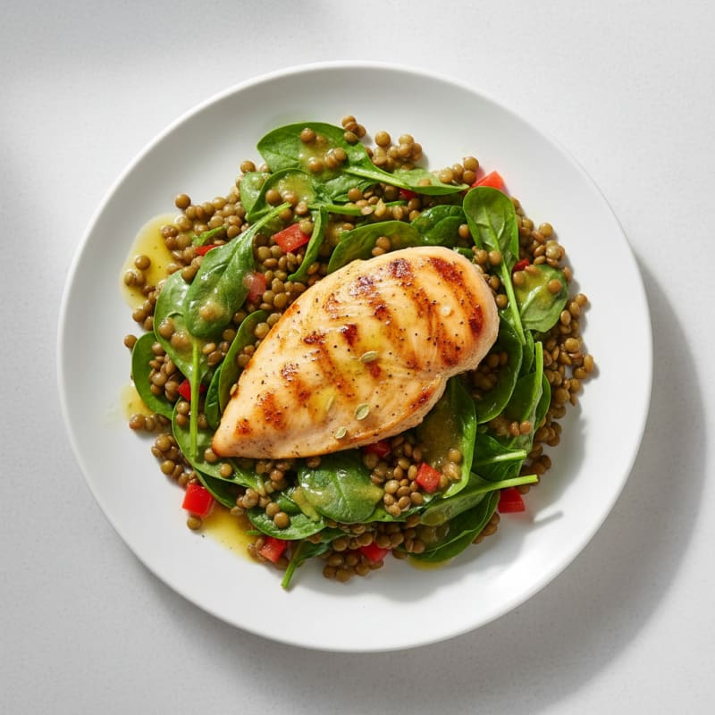 Grilled Chicken Breast with Lentil and Spinach Salad