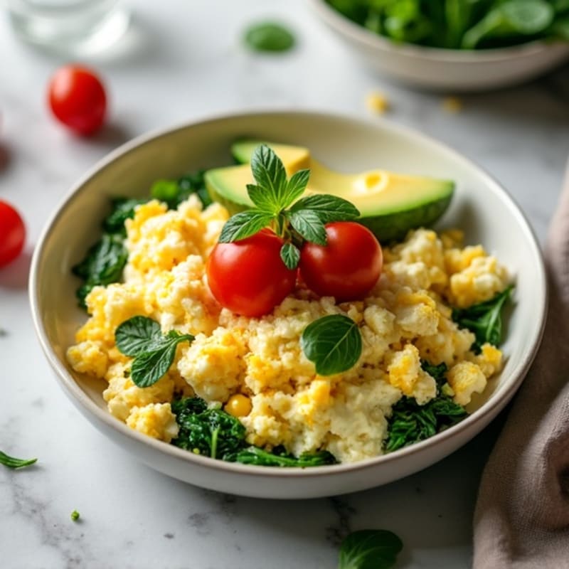 Cottage Cheese Egg White Scramble with Spinach and Tomatoes