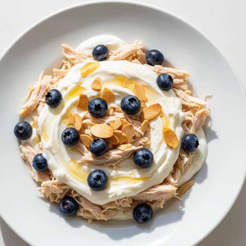 High-Protein Greek Yogurt Parfait with Shredded Chicken and Berries