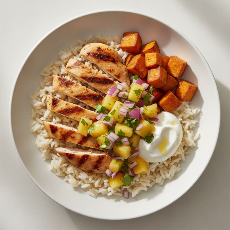 Grilled Chicken Rice Bowl with Roasted Sweet Potato and Pineapple Salsa