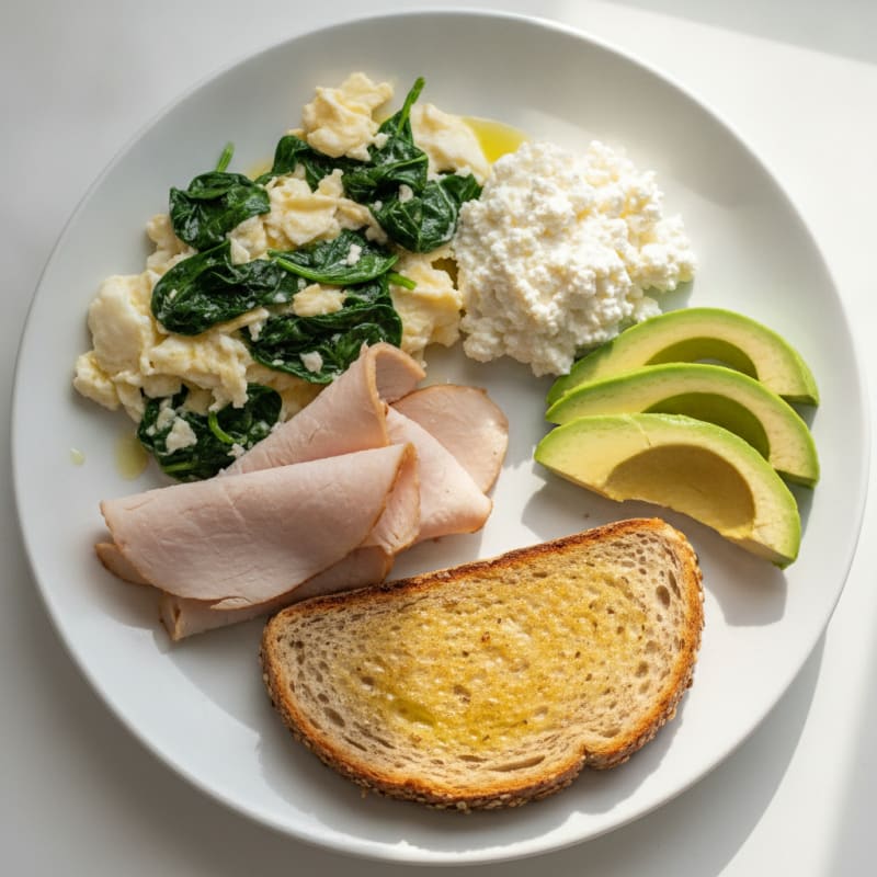 Egg White Spinach Scramble with Cottage Cheese and Sliced Turkey