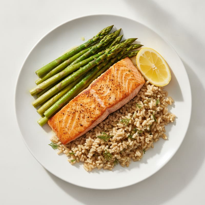 Seared Salmon with Steamed Asparagus and Herbed Brown Rice