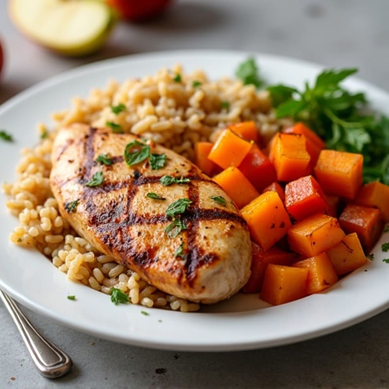 Grilled Chicken and Brown Rice with Roasted Vegetables