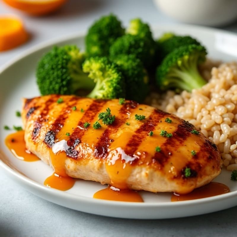 Grilled Citrus-Glazed Chicken Breast with Brown Rice and Steamed Broccoli
