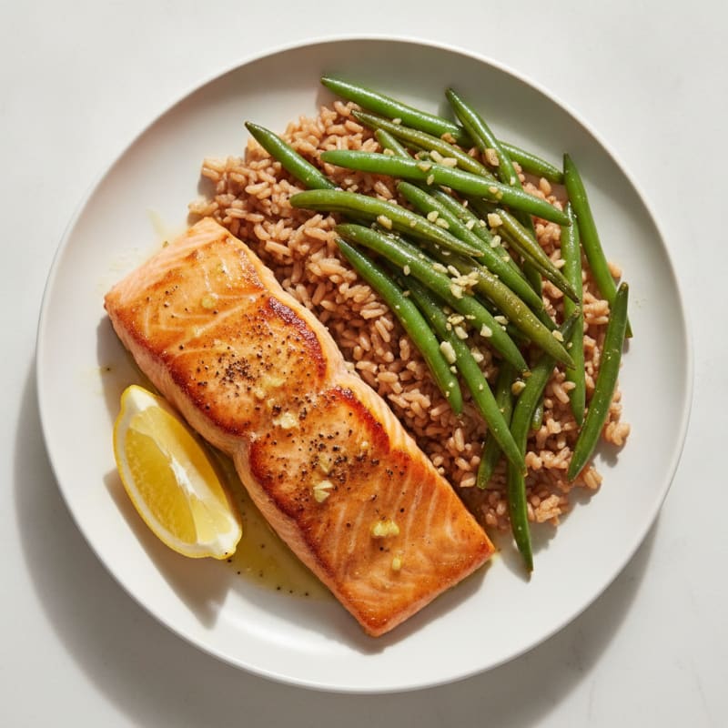 Seared Salmon Fillet with Garlic Green Beans and Brown Rice