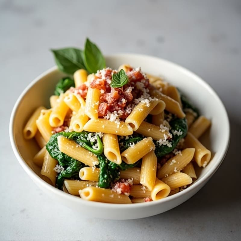 Creamy Egg Yolk Whole Wheat Pasta with Crispy Turkey Bacon and Garlic Spinach