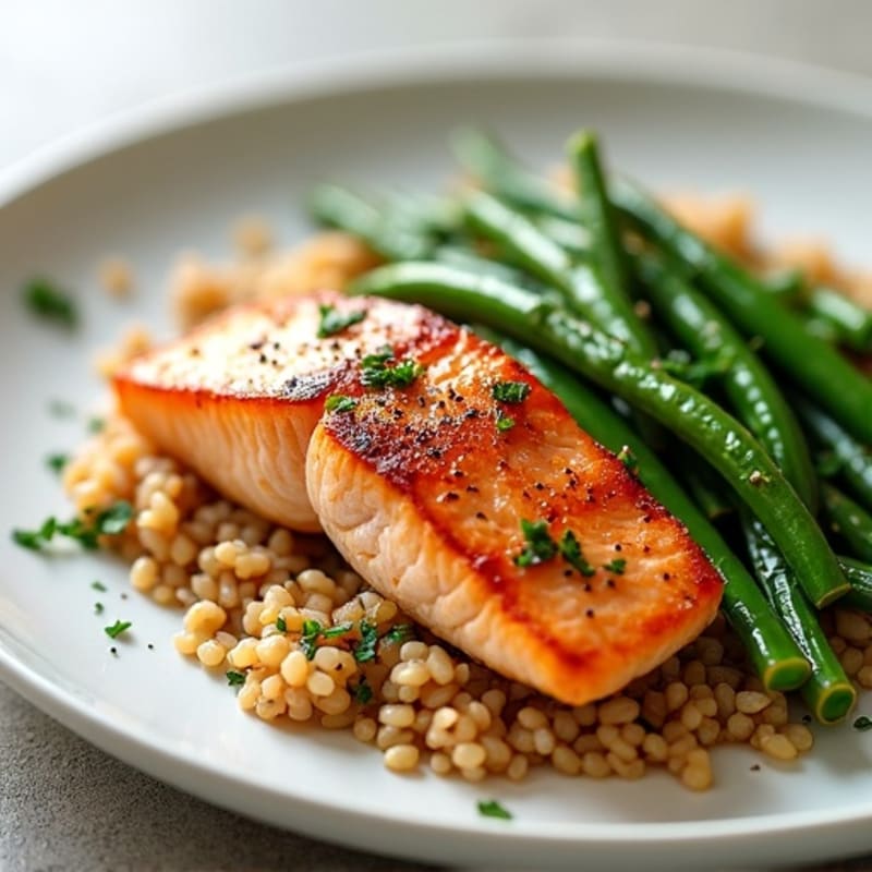 Seared Salmon with Brown Rice and Garlic Green Beans