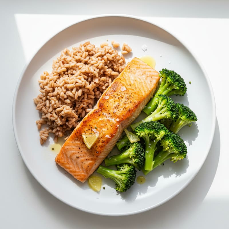 Seared Salmon with Steamed Broccoli and Brown Rice