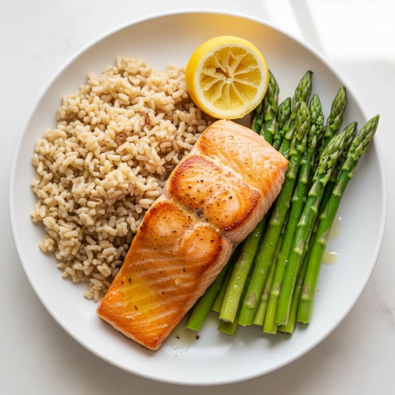 Seared Salmon with Steamed Asparagus and Brown Rice
