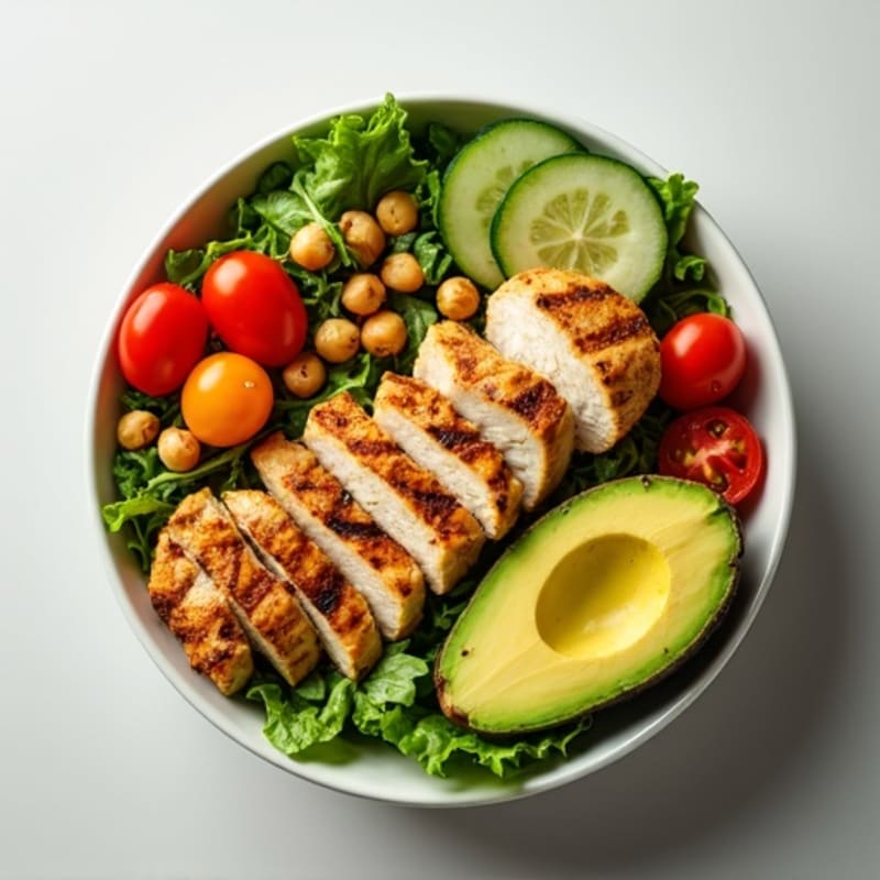 Grilled Chicken and Avocado Salad Bowl with Crisp Vegetables