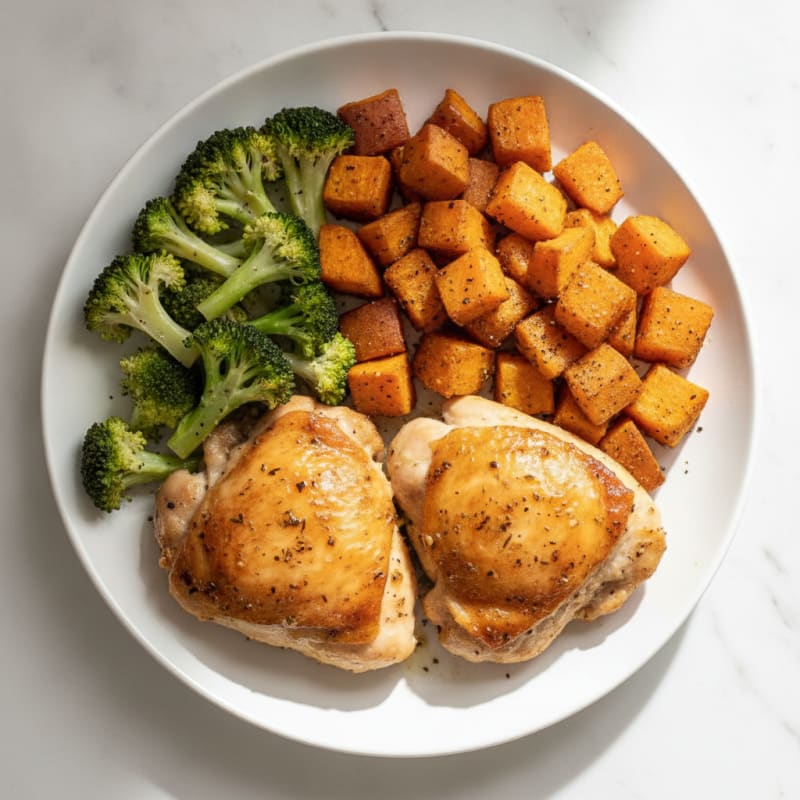 Roasted Chicken Thighs with Sweet Potatoes and Broccoli