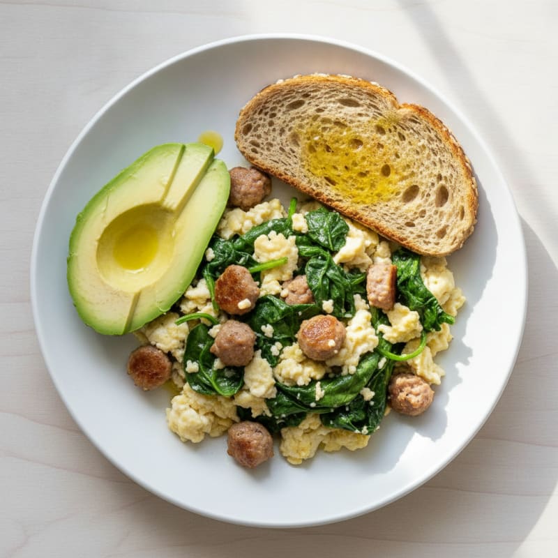Egg White Scramble with Turkey Sausage and Sautéed Spinach