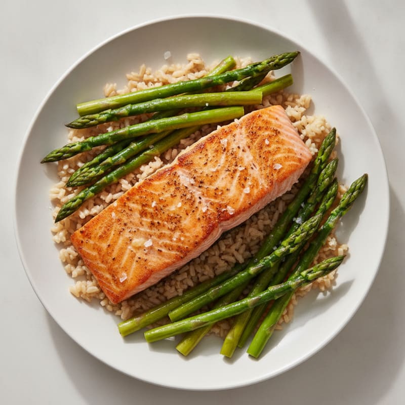 Seared Salmon with Steamed Asparagus and Brown Rice