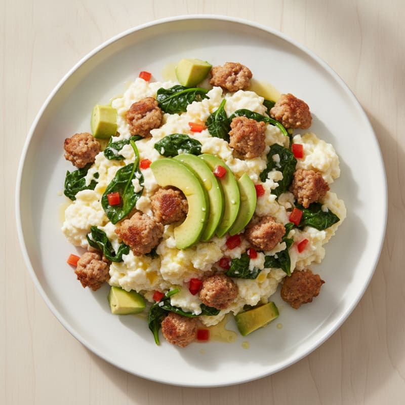 Egg White Scramble with Turkey Sausage and Sautéed Spinach