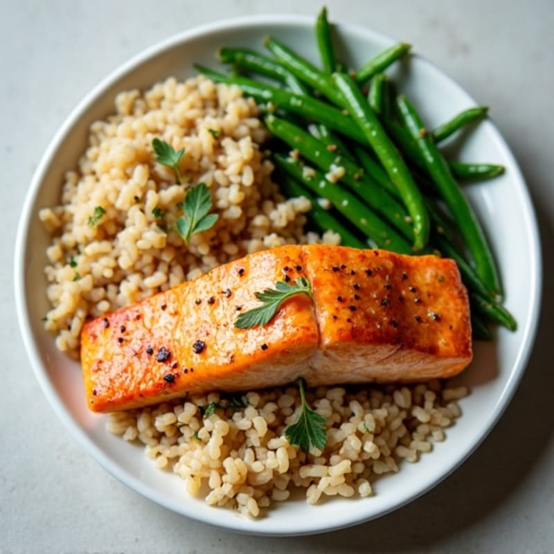 Pan-Seared Salmon with Garlic Green Beans and Herb Rice