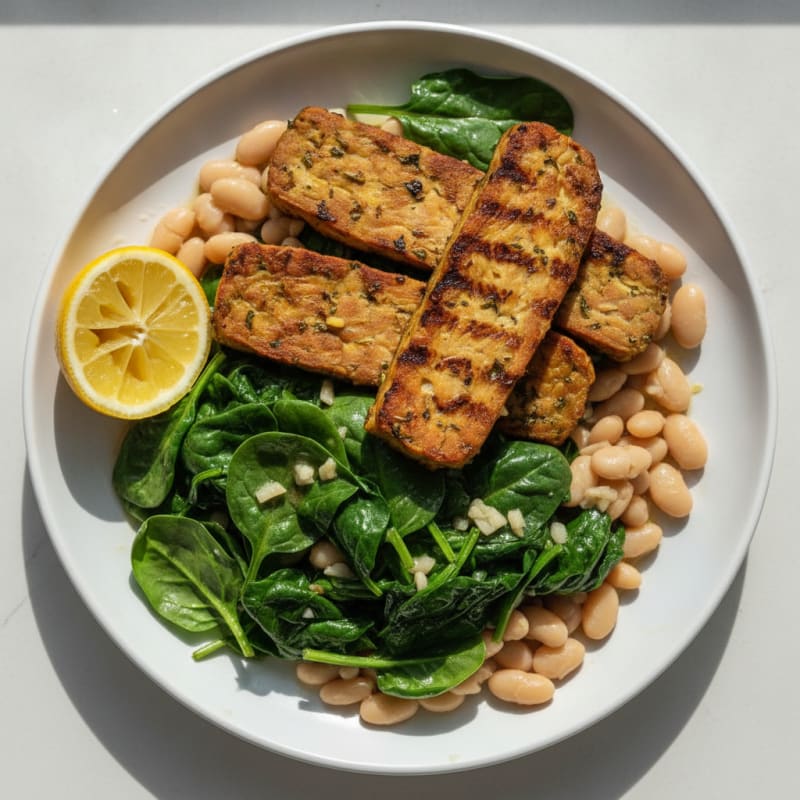 Herb-Grilled Tempeh with Garlic Spinach and White Beans