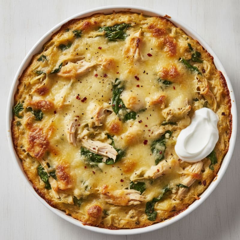 High-Protein Baked Spinach Artichoke Chicken Dip