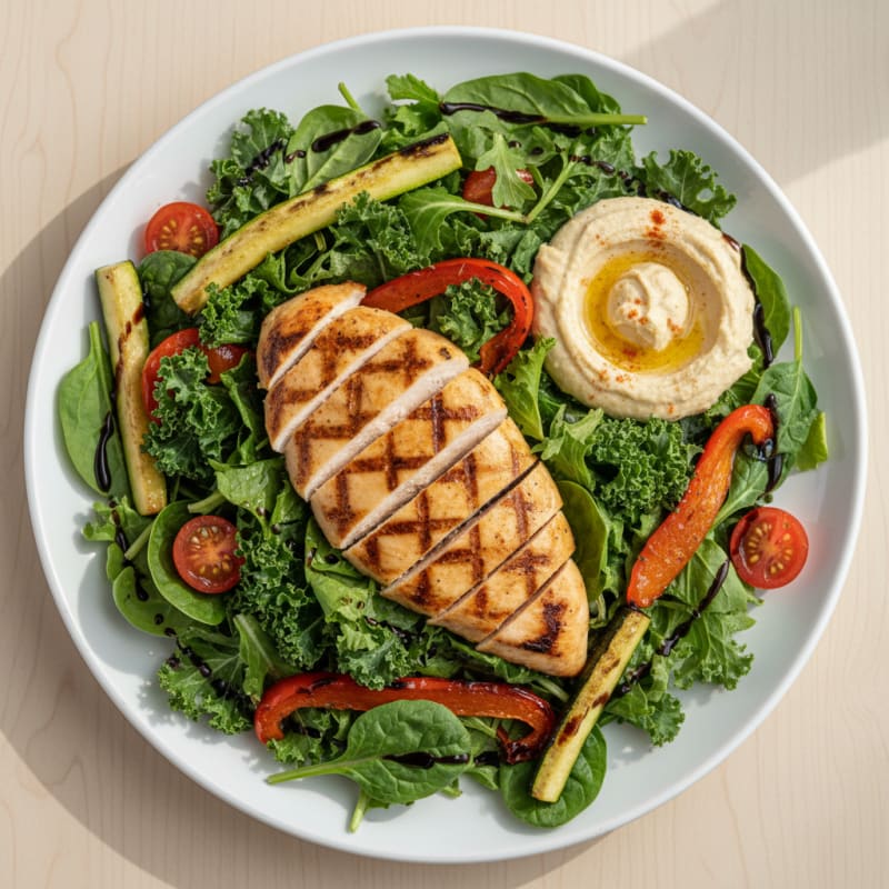 Grilled Chicken Salad with Roasted Vegetables and Hummus