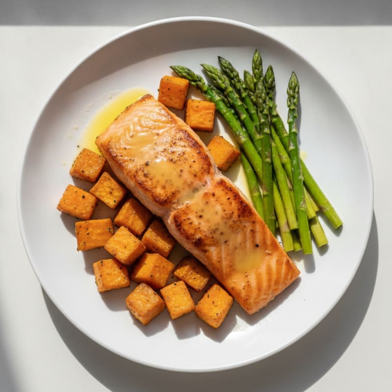 Seared Salmon Fillet with Roasted Sweet Potato and Asparagus
