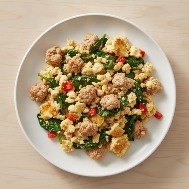 Egg White Scramble with Turkey Sausage and Sautéed Spinach
