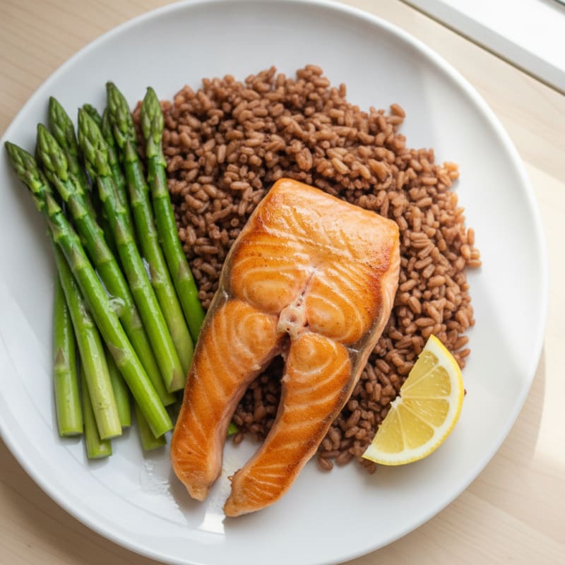 Seared Salmon Fillet with Steamed Asparagus and Brown Rice