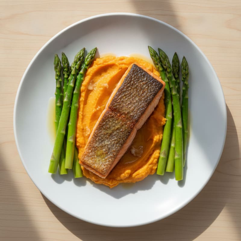 Seared Salmon with Steamed Asparagus and Sweet Potato Mash