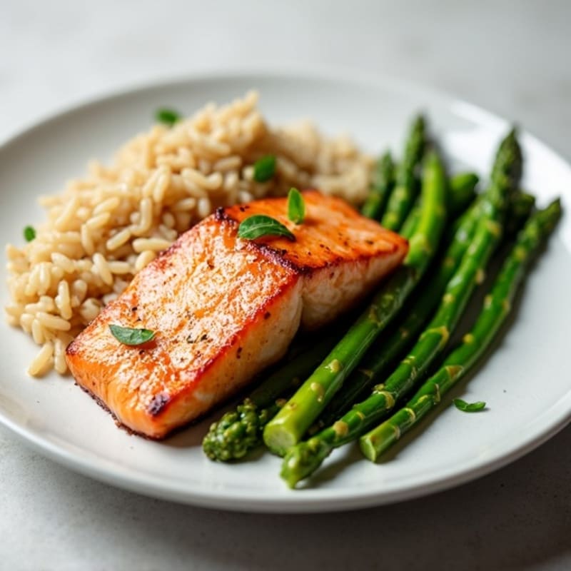 Seared Salmon with Steamed Asparagus and Brown Rice