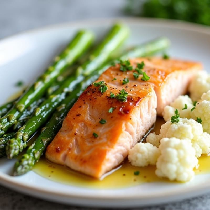 Seared Salmon with Steamed Asparagus and Garlic Mashed Cauliflower