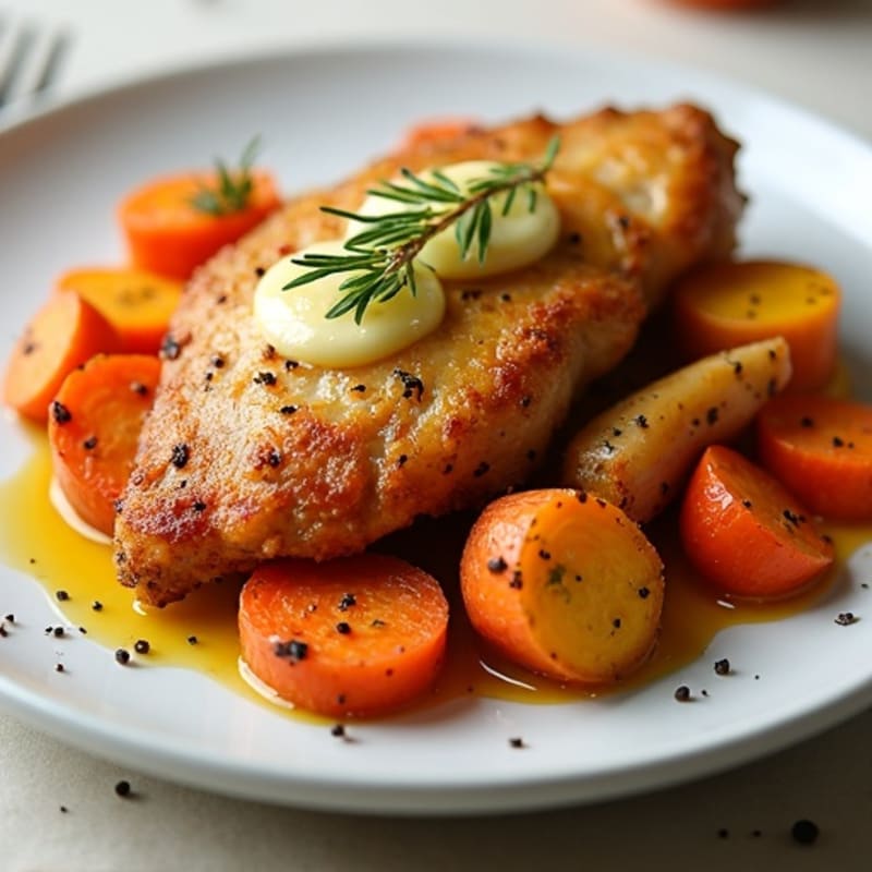 Crispy Garlic Butter Chicken with Roasted Root Vegetables