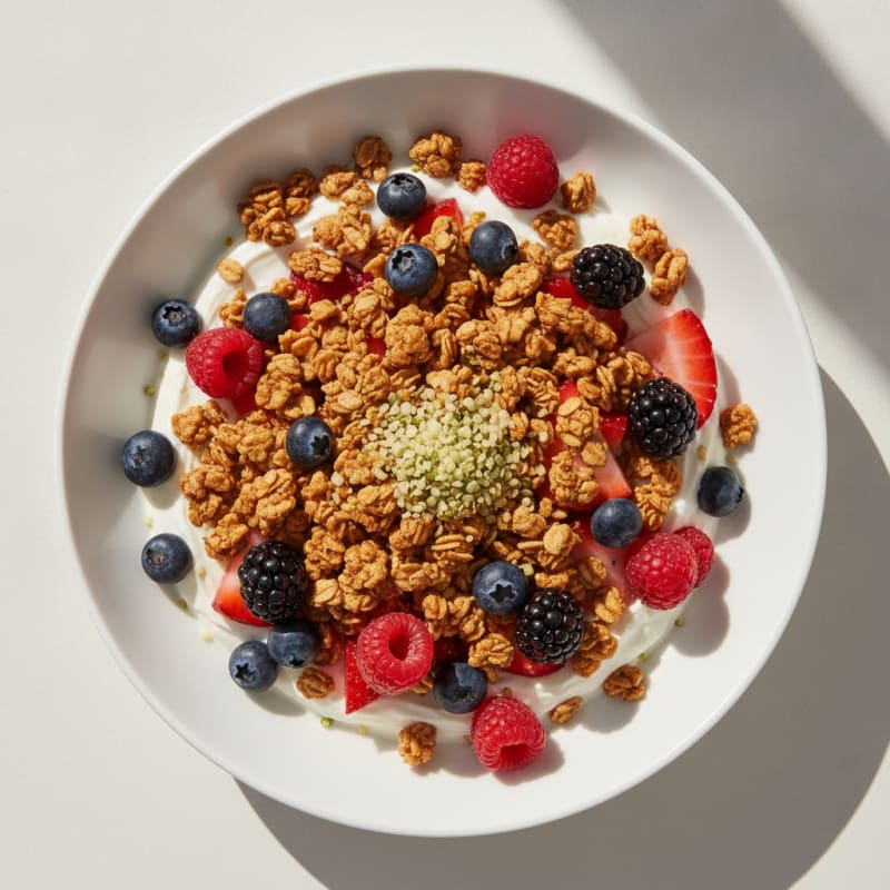 Silky Greek Yogurt Bowl with Protein Granola and Mixed Berries
