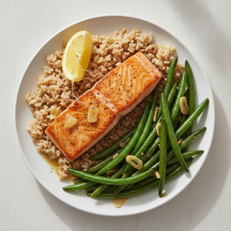 Seared Salmon with Garlic Green Beans and Brown Rice