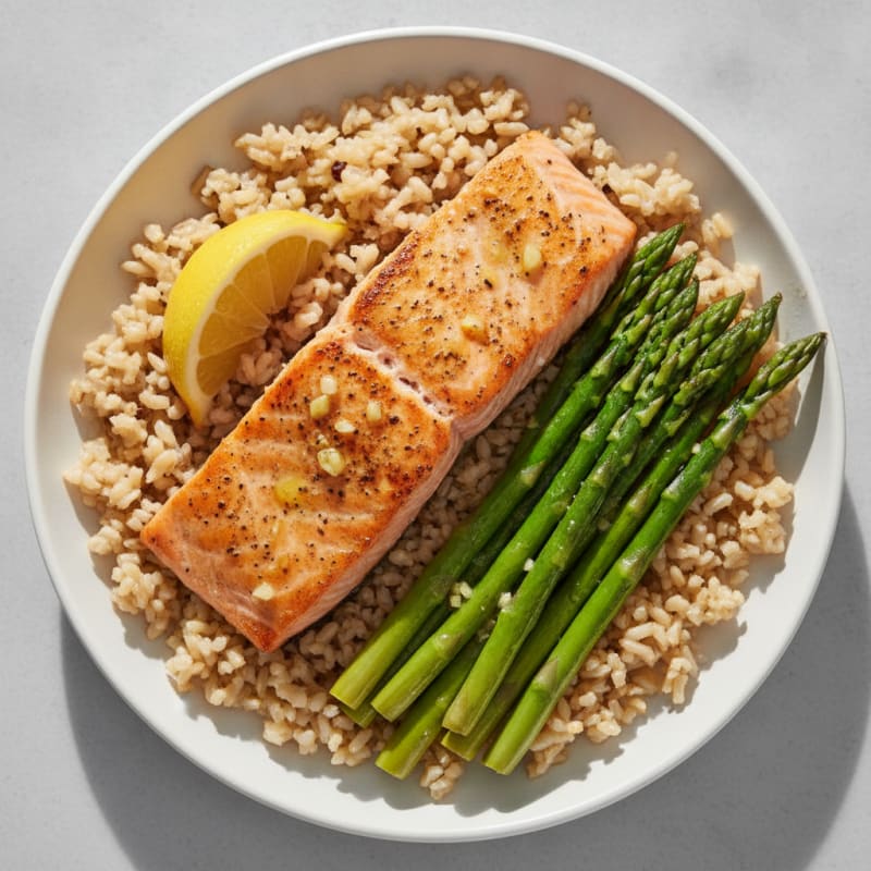 Seared Salmon with Steamed Asparagus and Brown Rice