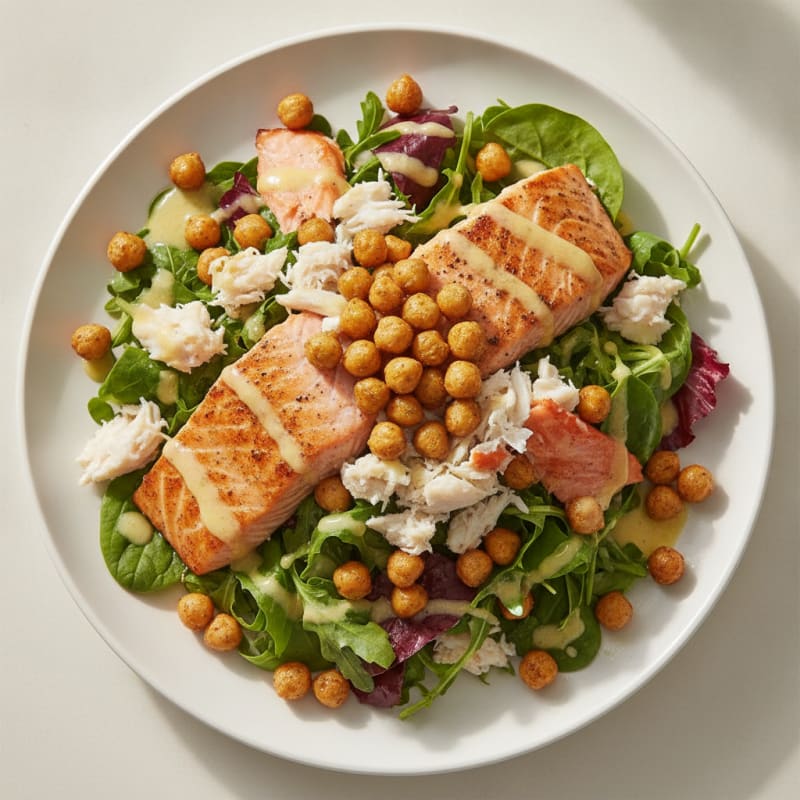 Grilled Crabmeat Salad with Crispy Chickpeas and Mixed Greens