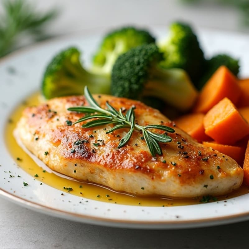 Fresh Herb Baked Chicken Breast with Roasted Sweet Potatoes and Crispy Broccoli