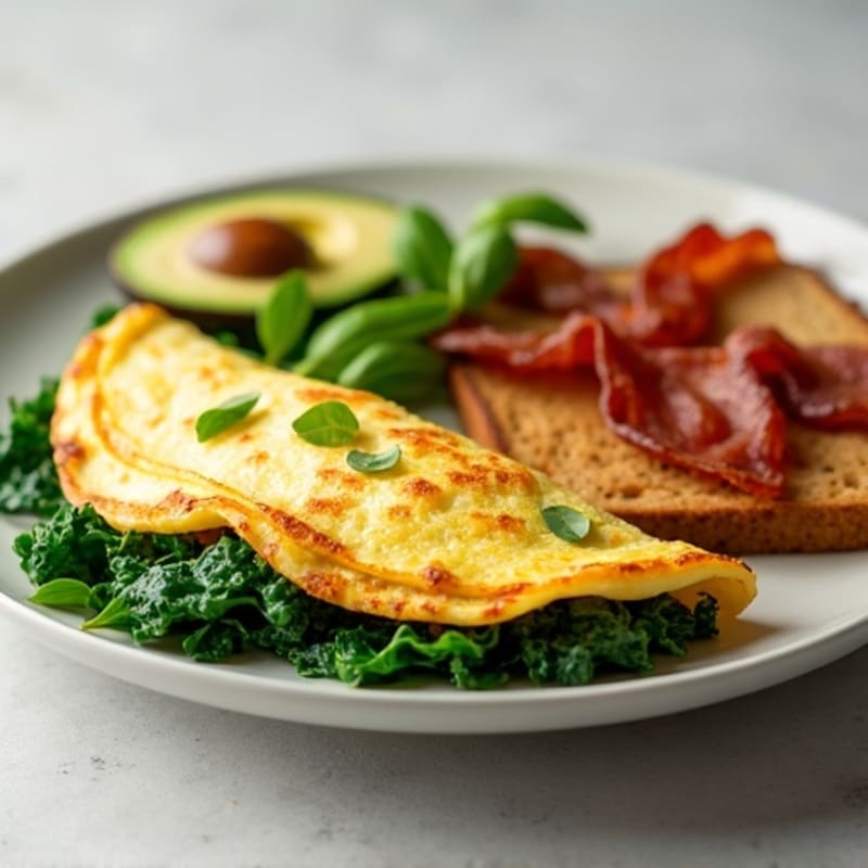 Crispy Egg White Omelet with Sautéed Spinach and Turkey Bacon