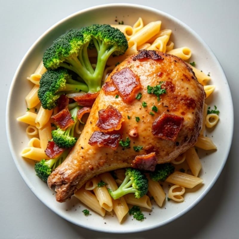 Roasted Chicken Thigh and Broccoli Pasta with Crispy Bacon