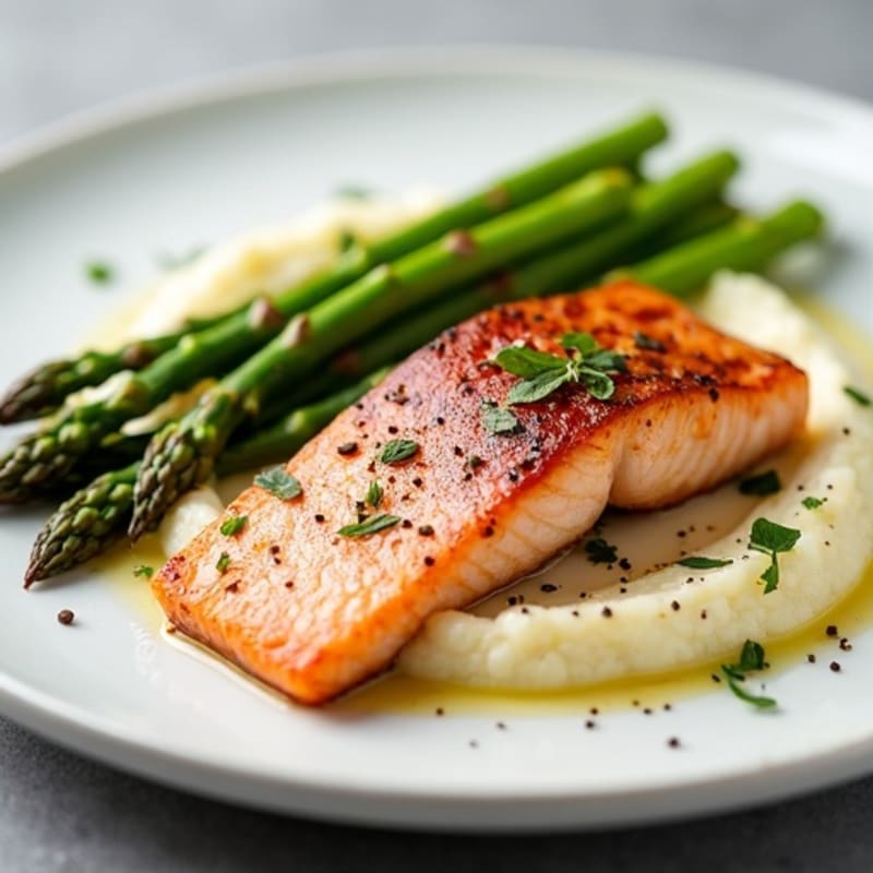 Seared Salmon with Steamed Asparagus and Cauliflower Mash