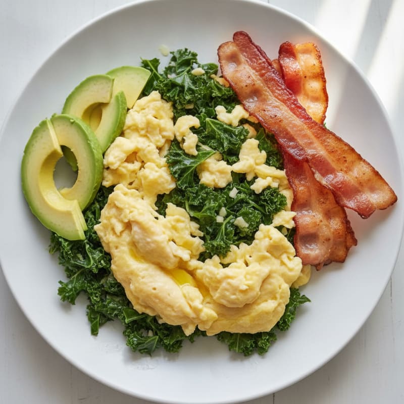 Creamy Scrambled Eggs with Sautéed Kale and Turkey Bacon