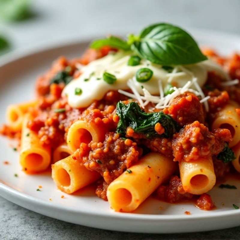 Lean Ground Beef Baked Ziti with Creamy Ricotta and Spinach