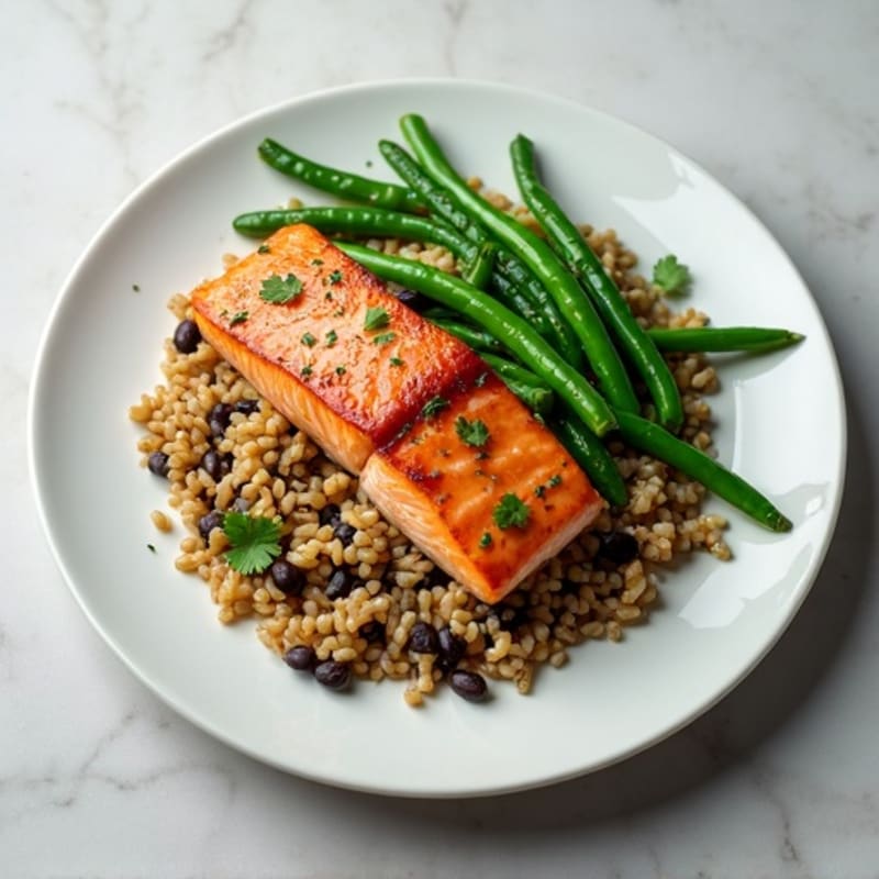 Seared Salmon with Herb Rice and Steamed Green Beans