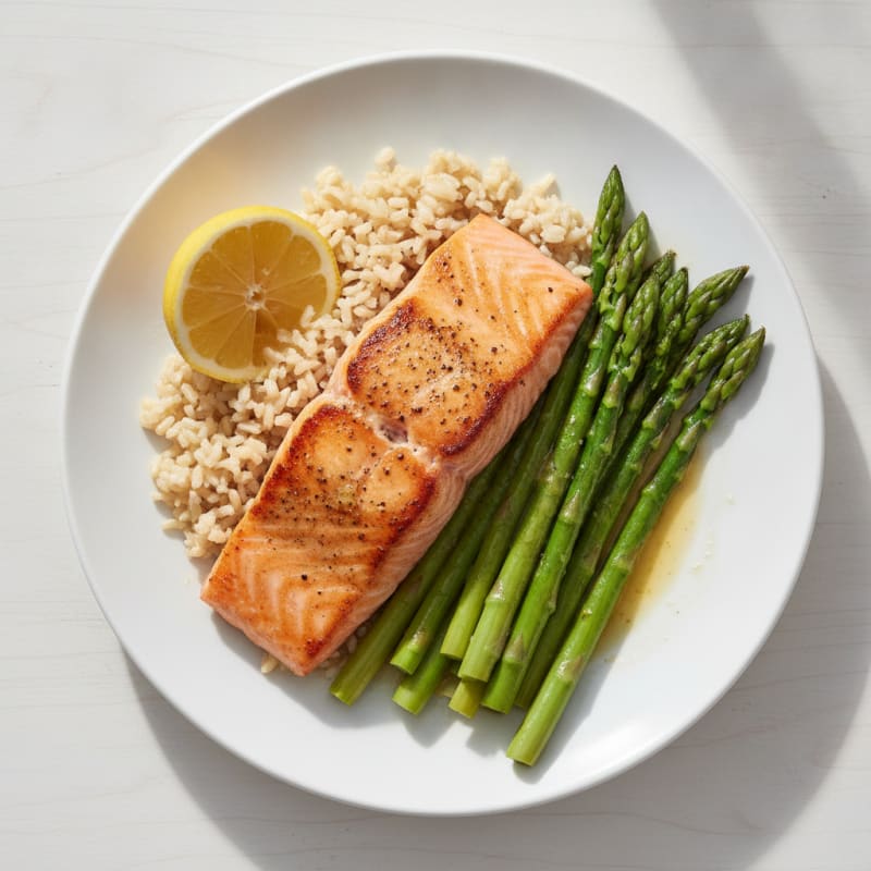 Seared Salmon Fillet with Steamed Asparagus and Brown Rice