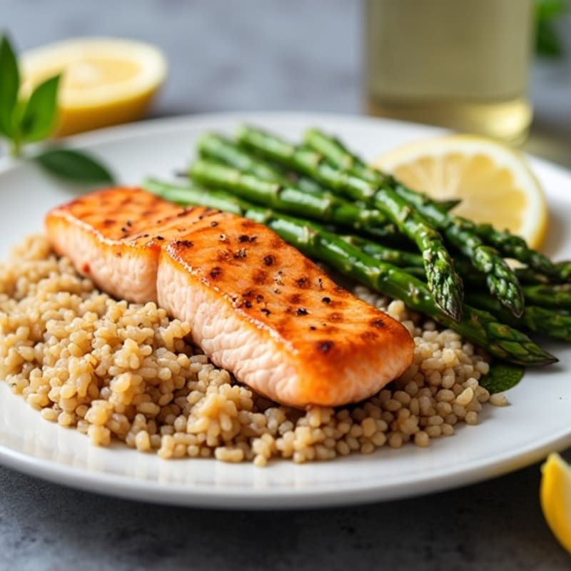 Seared Salmon with Steamed Asparagus and Brown Rice