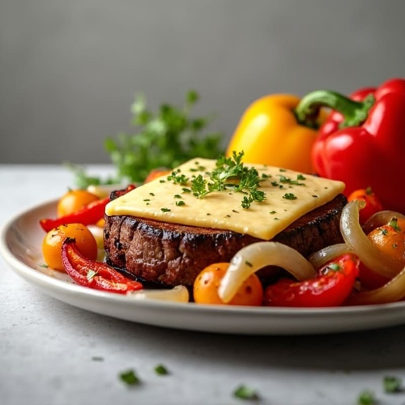 Seared Lean Beef with Sautéed Peppers, Onions, and Melted Provolone